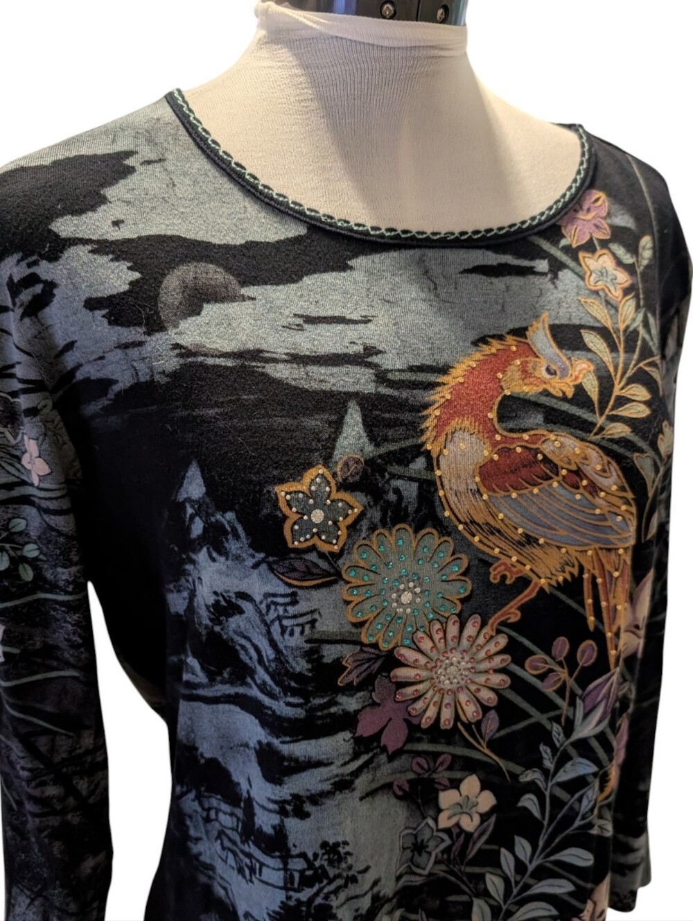 VTG Y2K Katina Marie Rhinestone Phoenix Floral Art to Wear Top - Size L